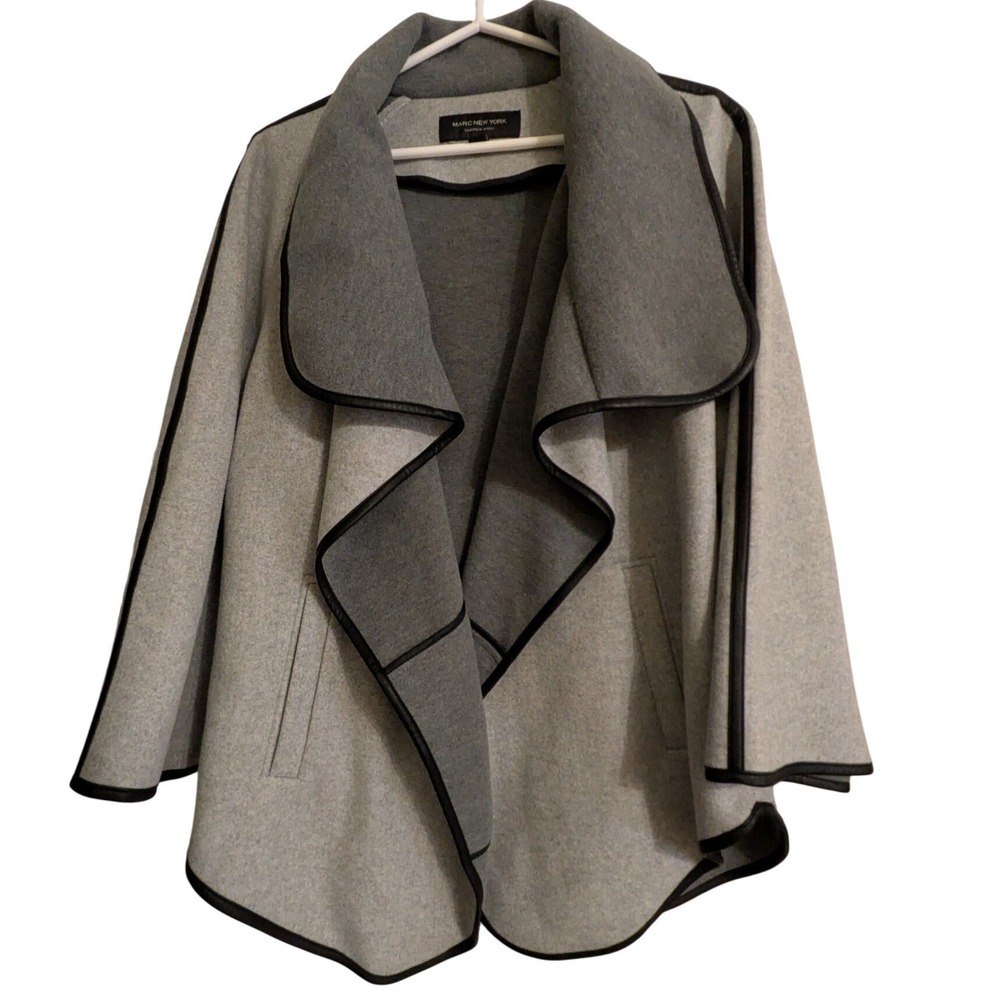 Marc New York Andrew Marc Gray Drape Neck Cape Coat Black Trim Womens XL
